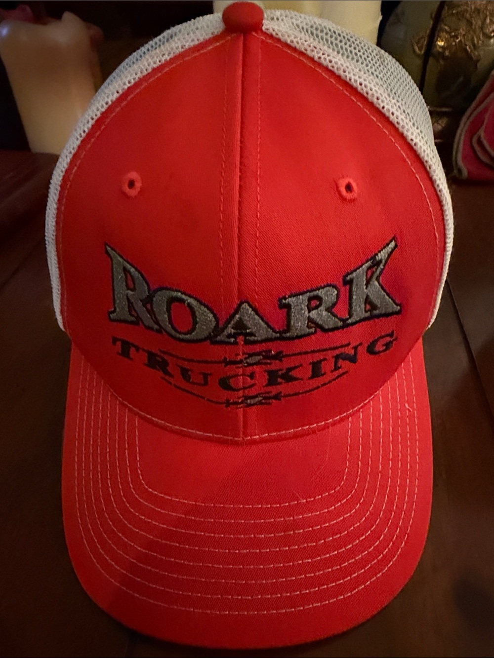 Roark Red and White Mesh Logo Trucker Hat